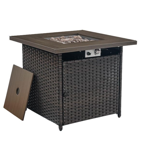 moosprr 30 In. 50000 BTU sq. Brown Wicker Outdoor Gas Fire Pit Table with Volcanic Stone