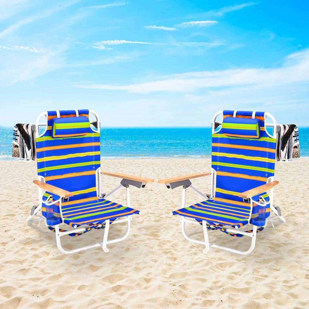 2 PCS Multicolor Metal Foldable Adjustable Beach Chair with Pillow Towel and Storage Pockets Backpack Beach Chairs 22117242035 The Home Depot