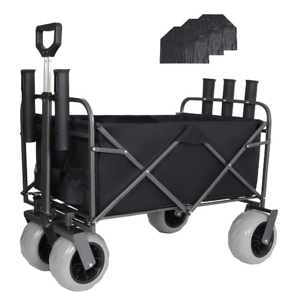 Fishing Cart with Rod Holders, 500lbs Beach Wagon, 9" Pneumatic Tires, Black