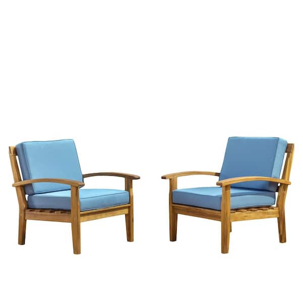 Teak Brown Slatted Wood Outdoor Patio Lounge Chairs with Blue Cushion (2-Pack)