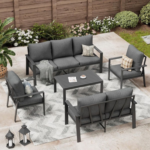 Aluminum Seating Group With Gray Cushions, 5-Piece Outdoor Patio Conversation Sets