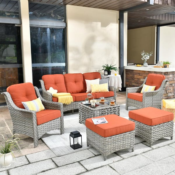 HOOOWOOO Verona Grey 6-Piece Wicker Modern Outdoor Patio Conversation Sofa Seating Set with Orange Red Cushions