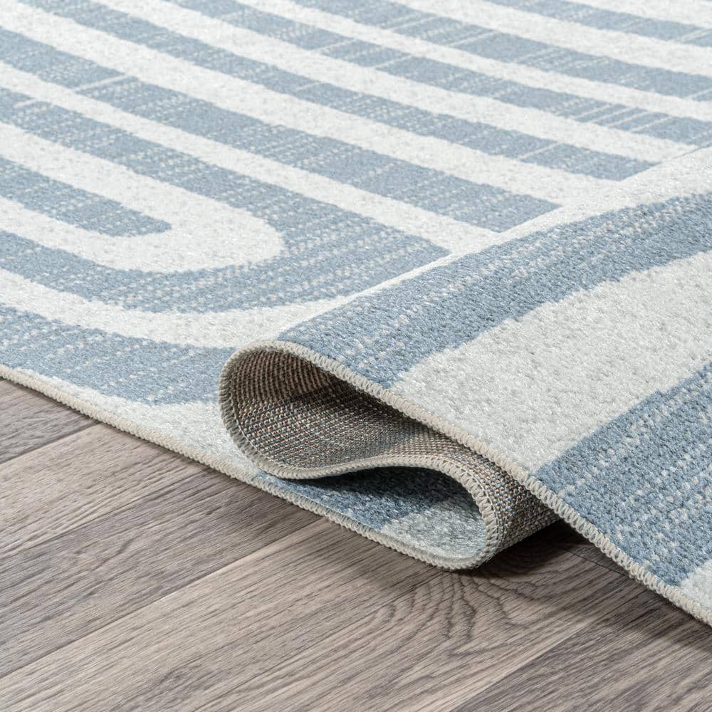 Blue and Cream Abstract Synthetic 4' x 6' Washable Area Rug