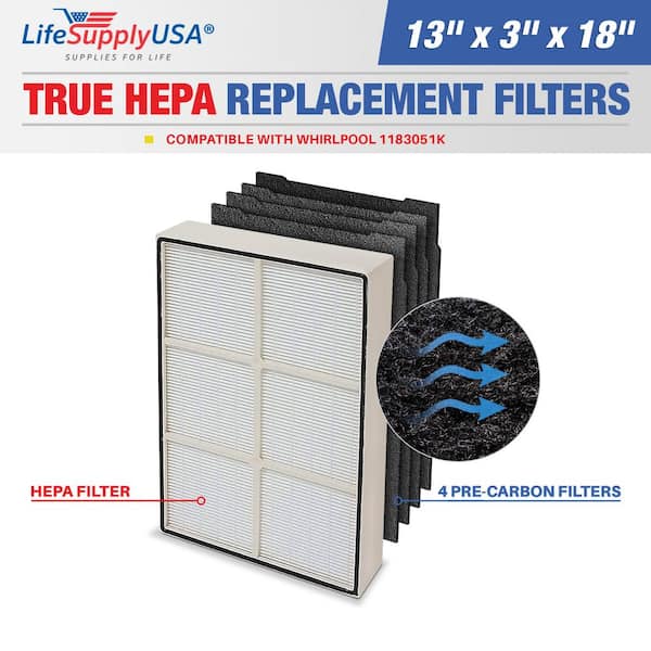 LifeSupplyUSA 1-True HEPA Replacement Filter plus 4-Carbon Filters Set Compatible with Whirlpool 1183051K PLASTIC FRAME Air Purifiers