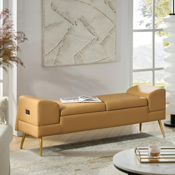 JAYDEN CREATION Rebeca Camel 59 in. W Storage Bench with Built-in USB Charging Port
