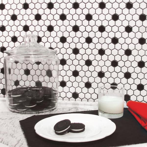 Madison Hex Matte 11-7/8 in. x 10-1/4 in. x 6 mm Cool White with Black Dot Porcelain Mosaic Tile (0.85 sq. ft./Each)