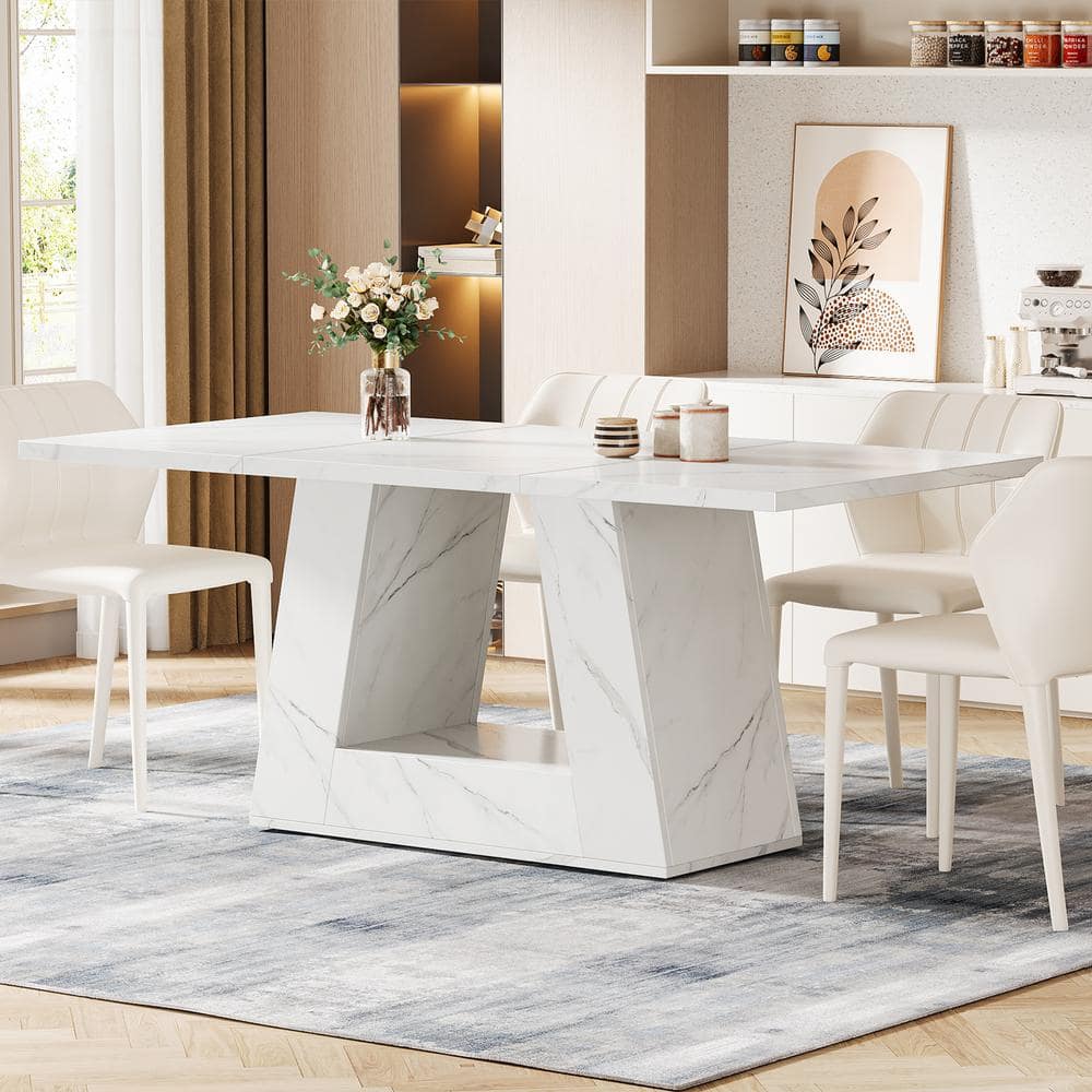 White Faux Marble Rectangular Dining Table with Trapezoidal Base