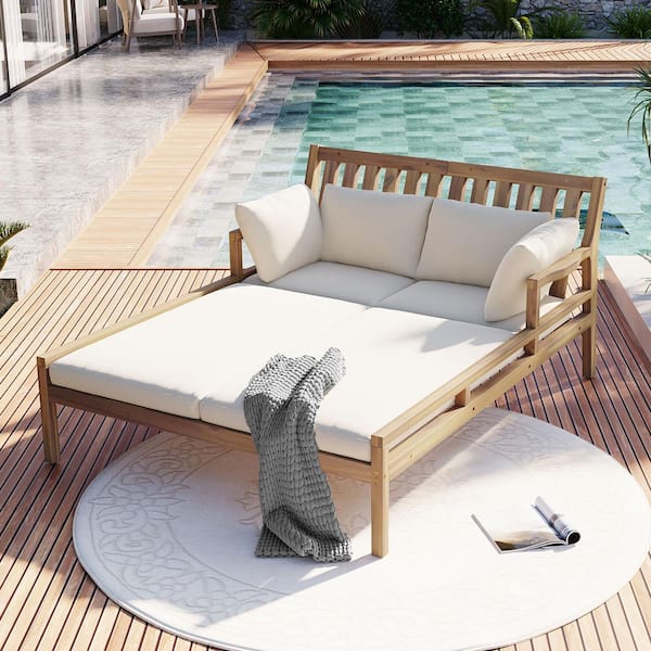 Unbranded 1-Piece Light Teak Wood Outdoor Patio Daybed Loveseat with Beige Cushion and 4-Pillows, for Poolside, Backyard, Garden