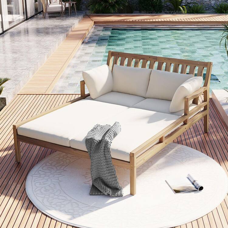 1-Piece Light Teak Wood Outdoor Patio Daybed Loveseat with Beige Cushion and 4-Pillows, for Poolside, Backyard, Garden