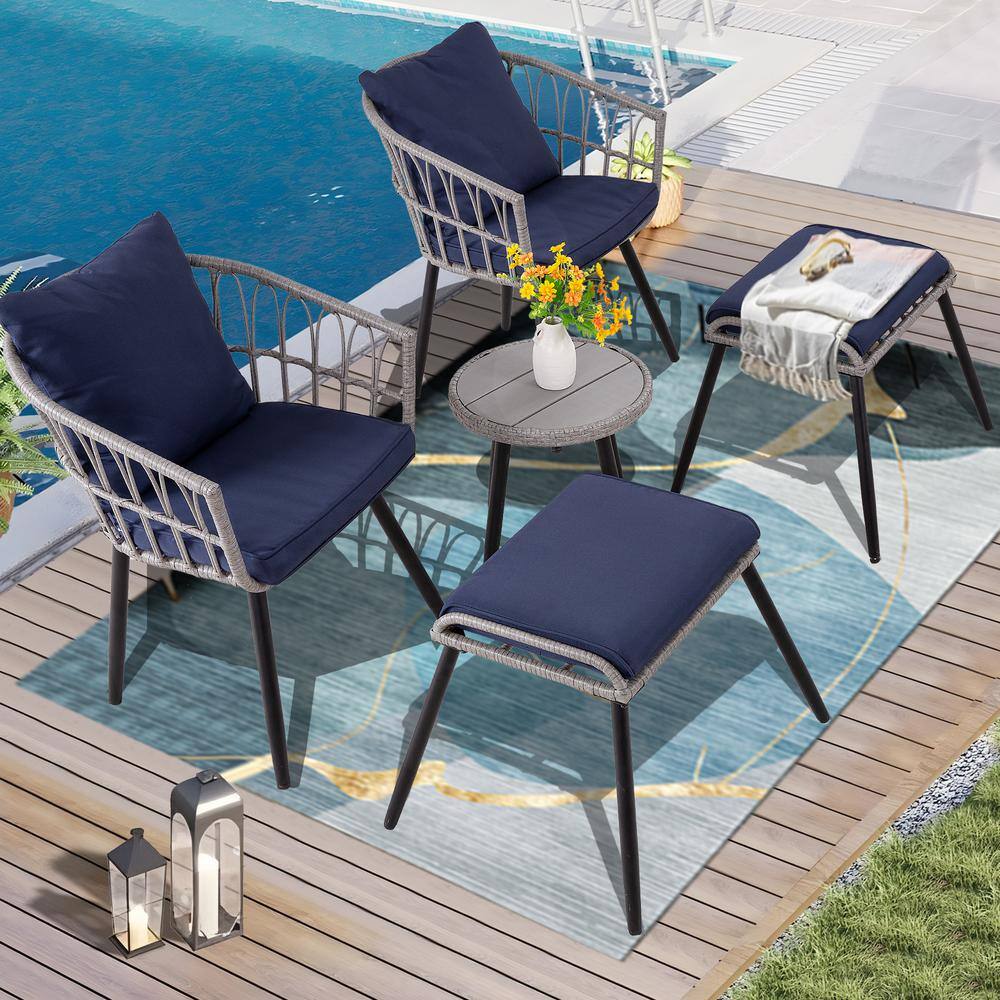 5-Piece Outdoor Wicker Furniture Set with Navy Cushions Conversation Set with Ottomans, PS Wood Tabletop Coffee Table price history on PriceWatchPro
