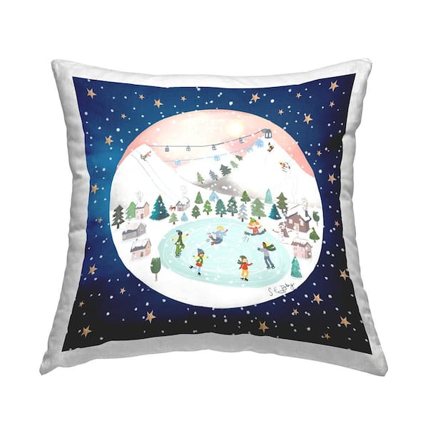 Stupell Industries Winter Fun Ice Skating Scene Blue Geometric Polyester 18in. X 18in. Throw Pillow