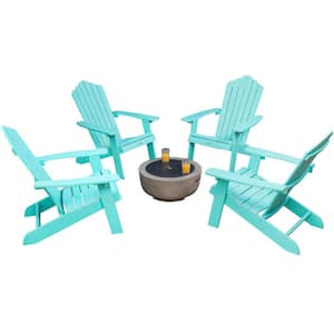 Lanier 5-Piece Green Recycled Plastic Patio Conversation Adirondack Chair Set with a Brown Wood-Burning Firepit