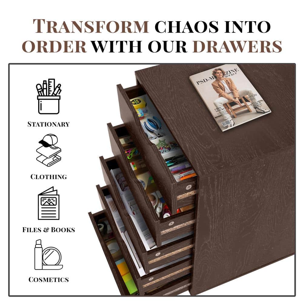 Espresso Dark Wood 5-Drawer Mobile File Cabinet with Casters