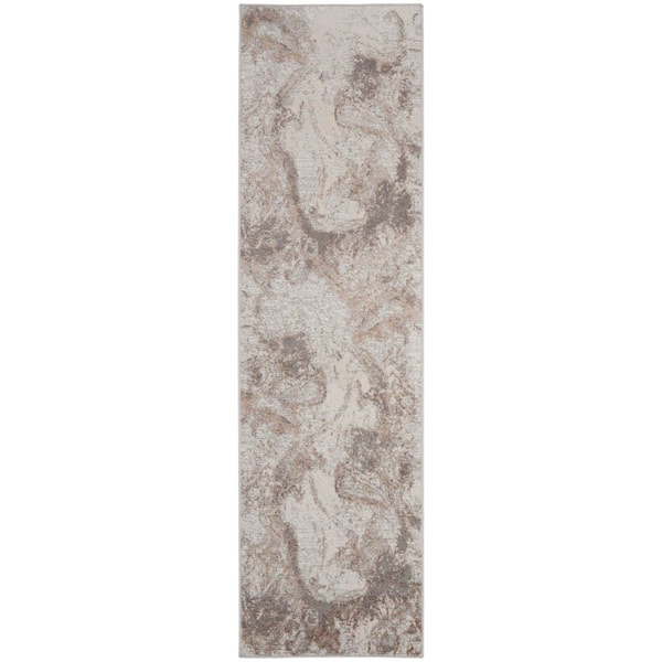 Nourison Elation Ivory Grey 2 ft. x 8 ft. Floral Medallion Contemporary Kitchen Runner Area Rug