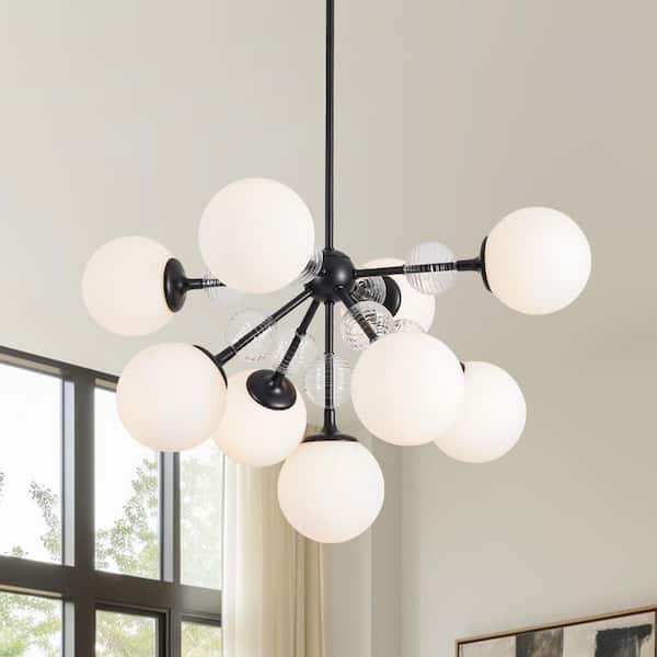 9-Light Matte Black Modern Sputnik Style Chandelier Hanging Pendant with Opal Globe Glass Shade