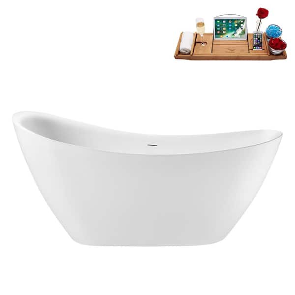 Streamline 65 in. x 30 in. Acrylic Freestanding Soaking Bathtub in Glossy White with Matte Black Drain, Bamboo Tray