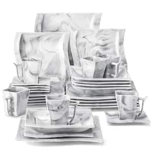 Flora 30-Piece Marble Gray Porcelain Dinnerware Set with Dinner Plates, Cup and Saucer Set (Service for 6)