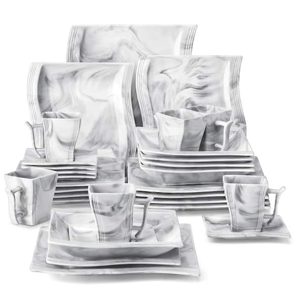 MALACASA Flora 30-Piece Marble Gray Porcelain Dinnerware Set with Dinner Plates, Cup and Saucer Set (Service for 6)