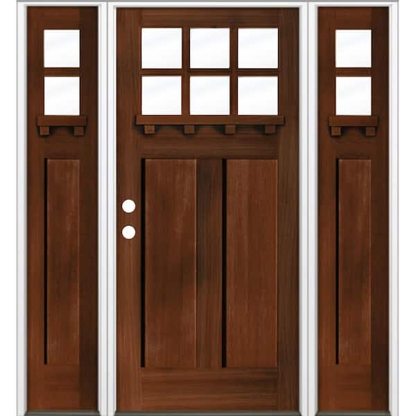 Krosswood Doors 64 in. x 80 in. Craftsman Right-Hand/Inswing Clear Glass Red Mahogany Stain Wood Prehung Front Door Double Sidelite