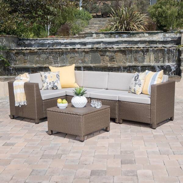 Noble House Light Brown 6-Piece Wicker Outdoor Sectional and Table Set with Ceramic Gray Cushions