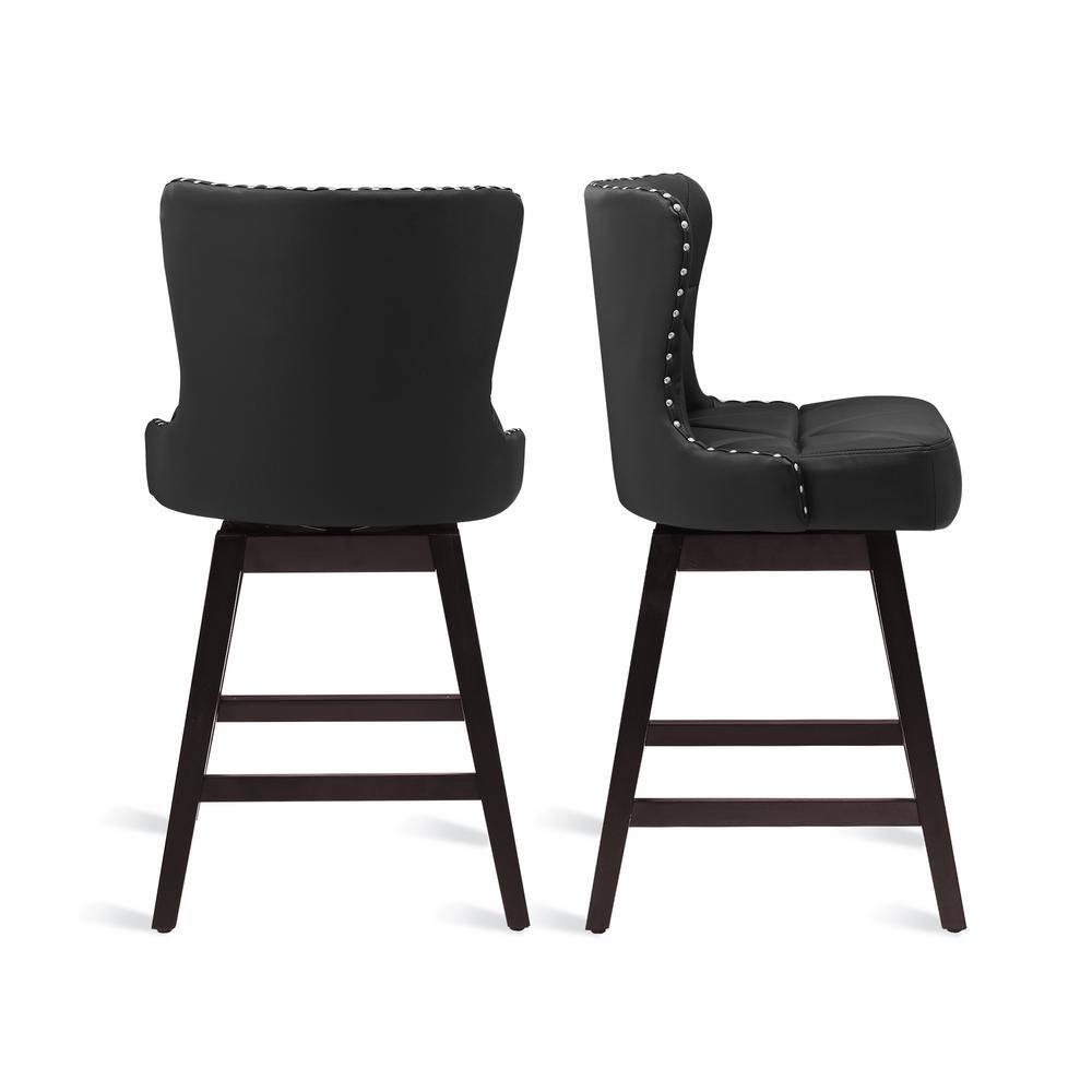 26" Black Faux Leather Swivel Bar Stools with Wood Frame, Set of 2