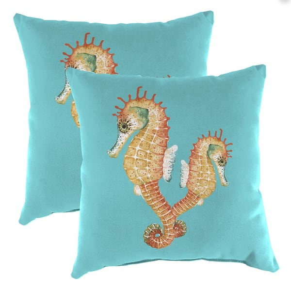 Jordan Manufacturing 16 in. L x 16 in. W x 4 in. T Square Outdoor Throw Pillow in Seahorses Aqua (2-Pack)