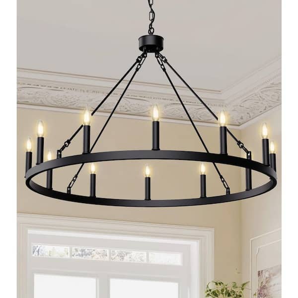 8-Light Black Wagon Wheel Chandelier for Living Room Dining Room Foyer Candle Chandelier