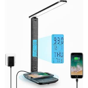13 in. Black Leather Integrated LED Table Lamp with Wireless Charging/USB Ports/Time Display