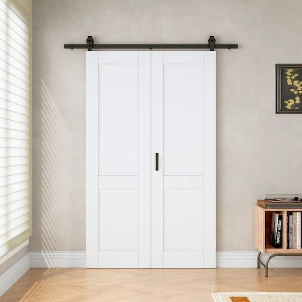 48 in. x 80 in. Paneled 2-Lite White Primed MDF Bifold Assembly Required Sliding Barn Door with Hardware Kit
