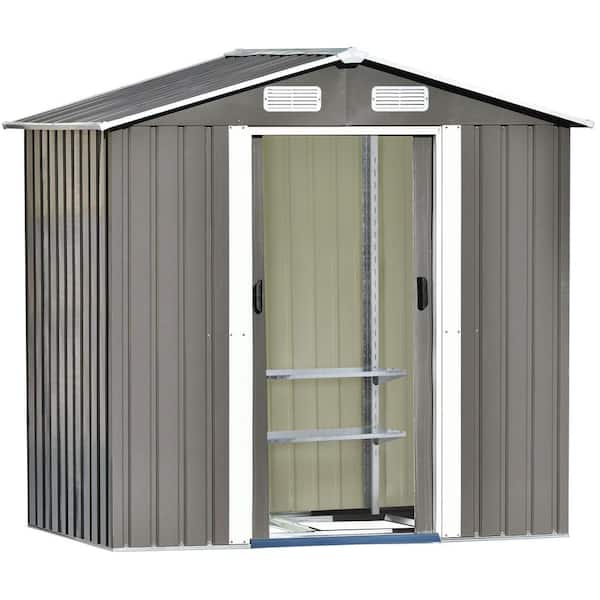 Zeus & Ruta 6 ft. W x 4 ft. D Gray Metal Storage Shed with Adjustable Shelf, Lockable Door, Vents and Foundation, Cover 23 sq. ft.