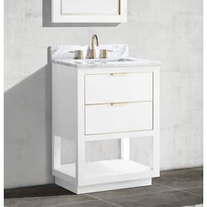 Allie 25 in. W x 22 in. D Bath Vanity in White with Gold Trim with Marble Vanity Top in Carrara White with White Basin