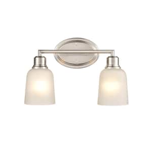 Amberle 15.25 in. 2-Light Brushed Nickel Vanity Light with Frosted White Glass Shade