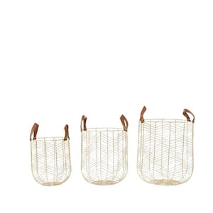 Metal Storage Basket with Faux Leather Handles (Set of 3)