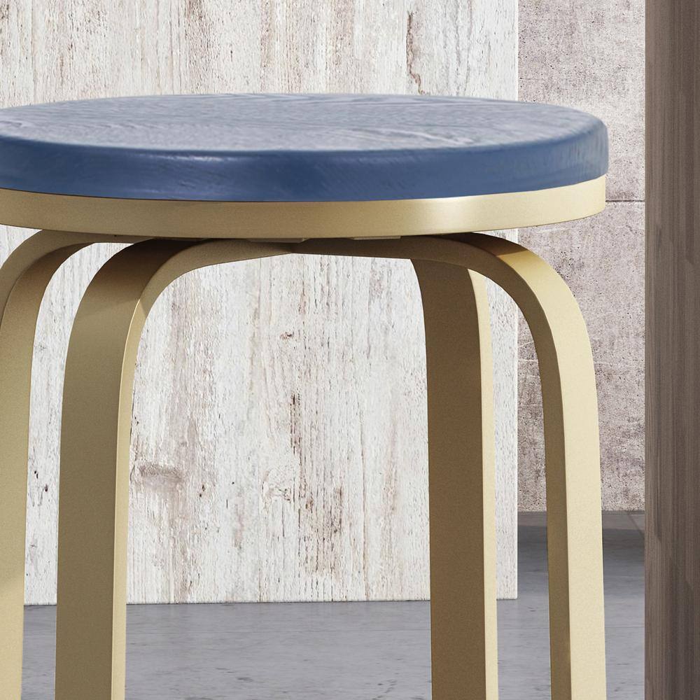 Satin Blue Swivel Counter Stool with Faux Wood Seat and Gold Frame (Set of 2)