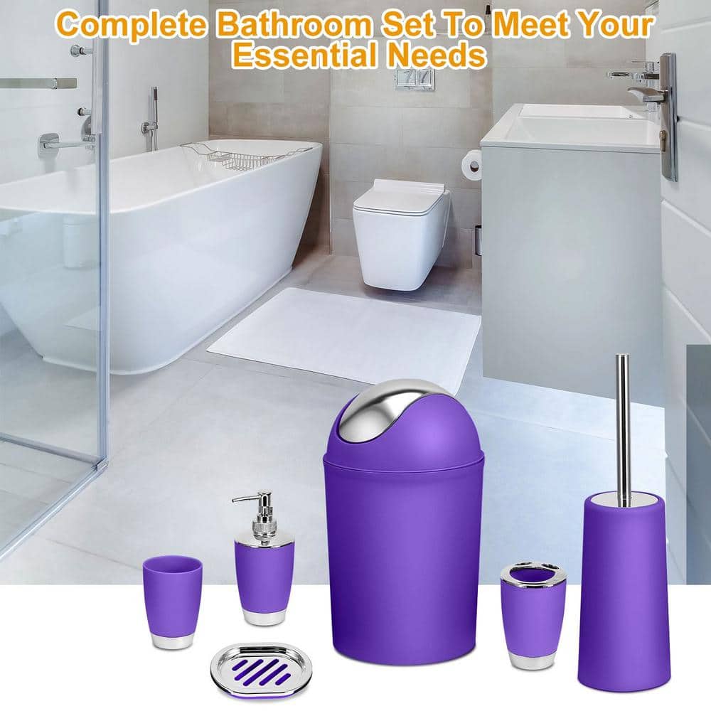 Purple 6-Piece Plastic Bathroom Accessory Set with Chrome Accents