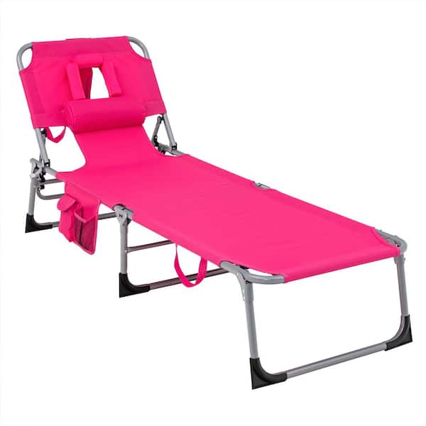 Costway Metal Beach Outdoor Lounge Chair Folding Chaise Lounge with Pillow Pink