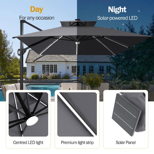 13 x 10 ft. Solar Lighted Cantilever Patio Umbrella with Wheeled Base Double Top Outdoor Offset Umbrella in Dark Gray
