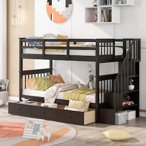 Dark Brown Twin Over Twin Bunk Bed with 3-Drawers and Storage Stairway