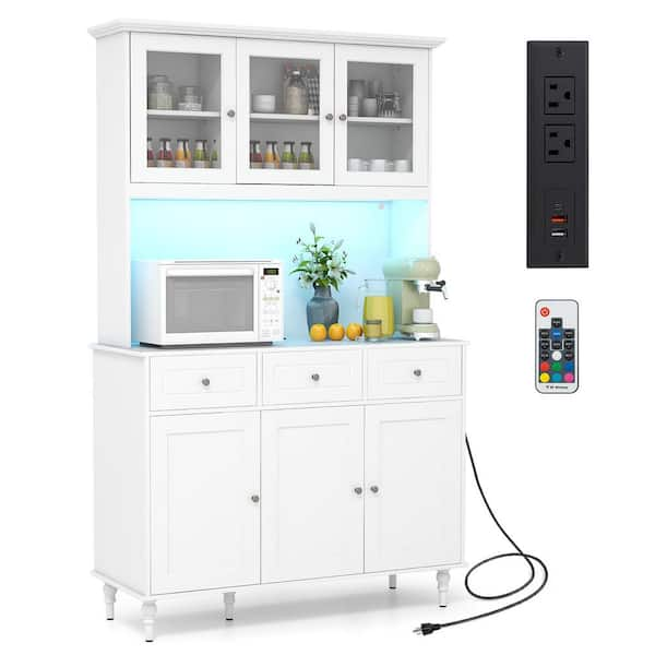 77'' White Tall Kitchen Pantry Storage Cabinet with LED Lights and Power Outlets