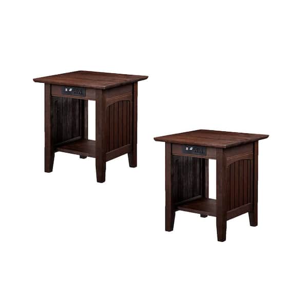 AFI Nantucket 20 in. Wide Square Burnt Amber Brown Solid Hardwood End Table with USB Electronic Device Charger Set of 2