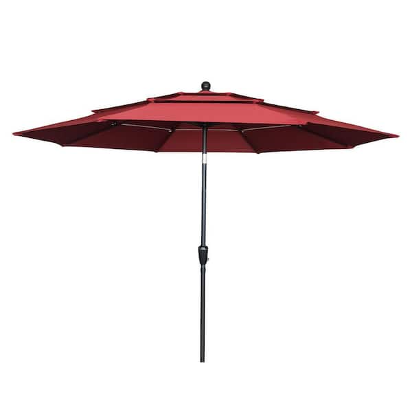 maocao hoom 10 ft. 3-Tier Outdoor Patio Market Umbrella with Double Air Vent and Push Button in Burgundy
