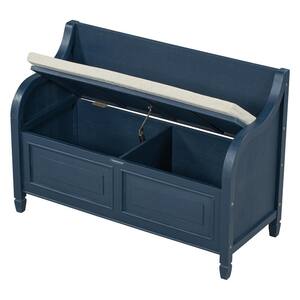 42 in. W x 18 in. D x 29.5 in. H Navy Blue Wood Linen Cabinet with Removable Cushion, Storage Bench and Safety Hinge