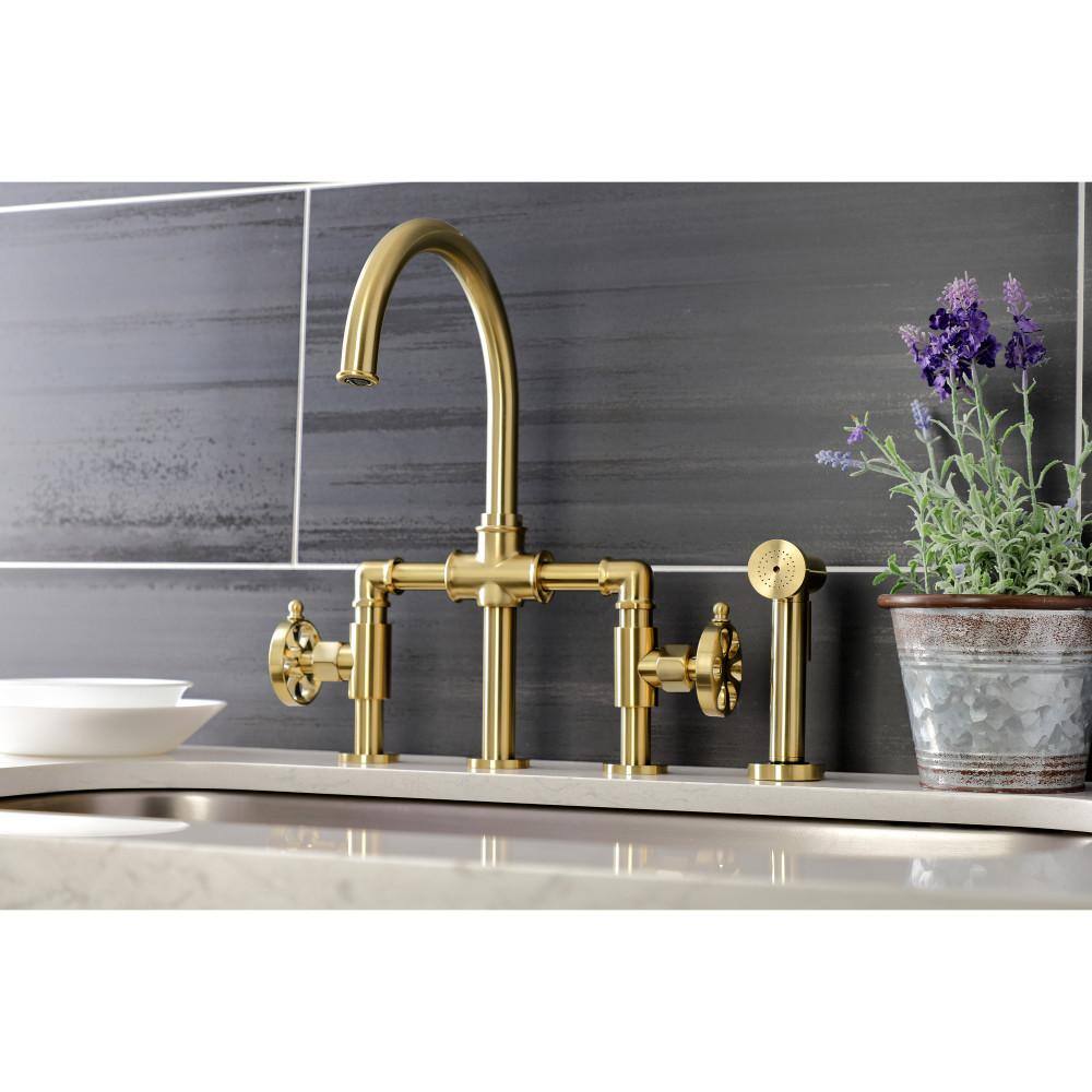 Brushed Brass Industrial Bridge Kitchen Faucet with Side Sprayer
