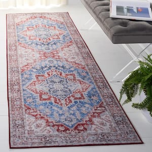 Tuscon Blue/Red 3 ft. x 8 ft. Machine Washable Distressed Medallion Runner Rug