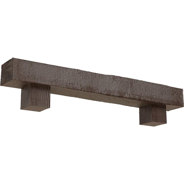 Ekena Millwork 4 in. x 8 in. x 7 ft. Rough Sawn Faux Wood Fireplace Mantel Kit, Alamo Corbels, Aged Pecan