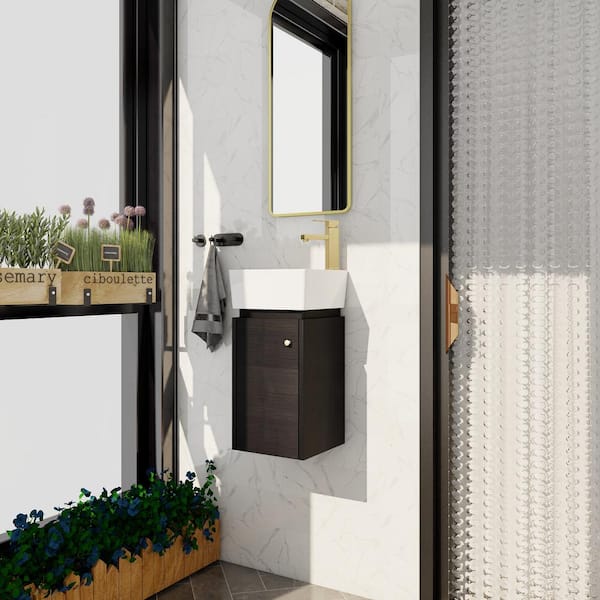 Unbranded 12 in. W Wall Mounted Bath Vanity in Black Chestnut with White Ceramic Top