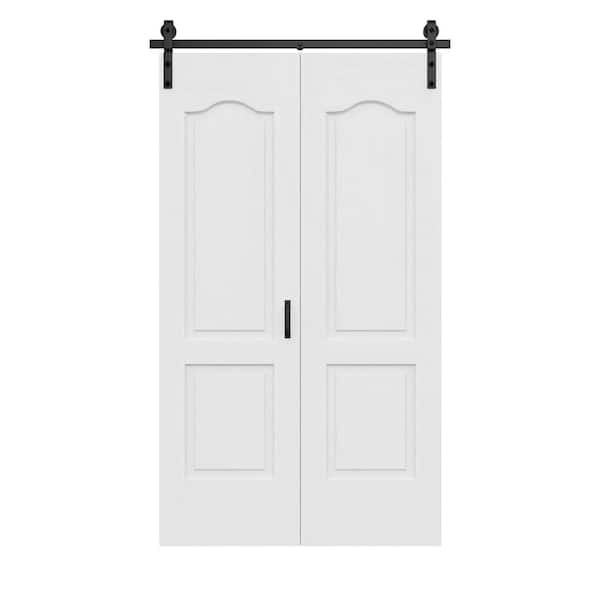 48 in. x 84 in. Arch Panel 2-Lite Primed Hollow Core MDF Finished Composite Bi-Fold Door with Bifold Barn Door Hardware
