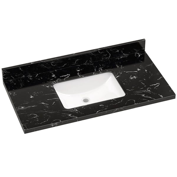 42 in. W x 22 in. D Engineered Stone Marble Rectangular Single Sink Bathroom Vanity Top w/ Backsplash and Basin in Black