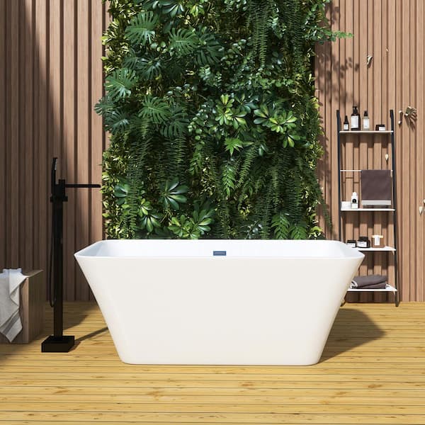 JimsMaison 59 in. x 30 in. Acrylic Flatbottom Freestanding Soaking Bathtub in White