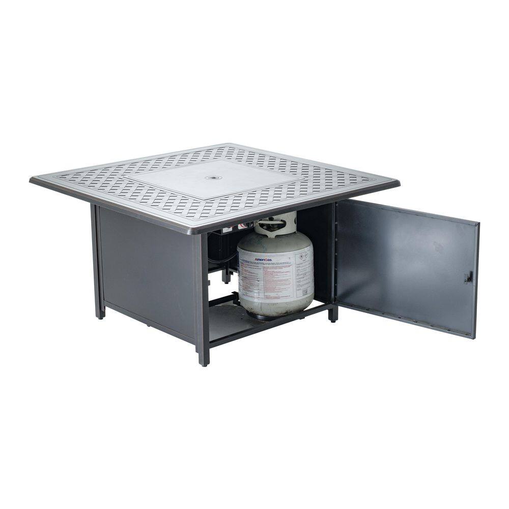 Heron 42" Square Black Gas Fire Pit Table with Clear Glass Beads